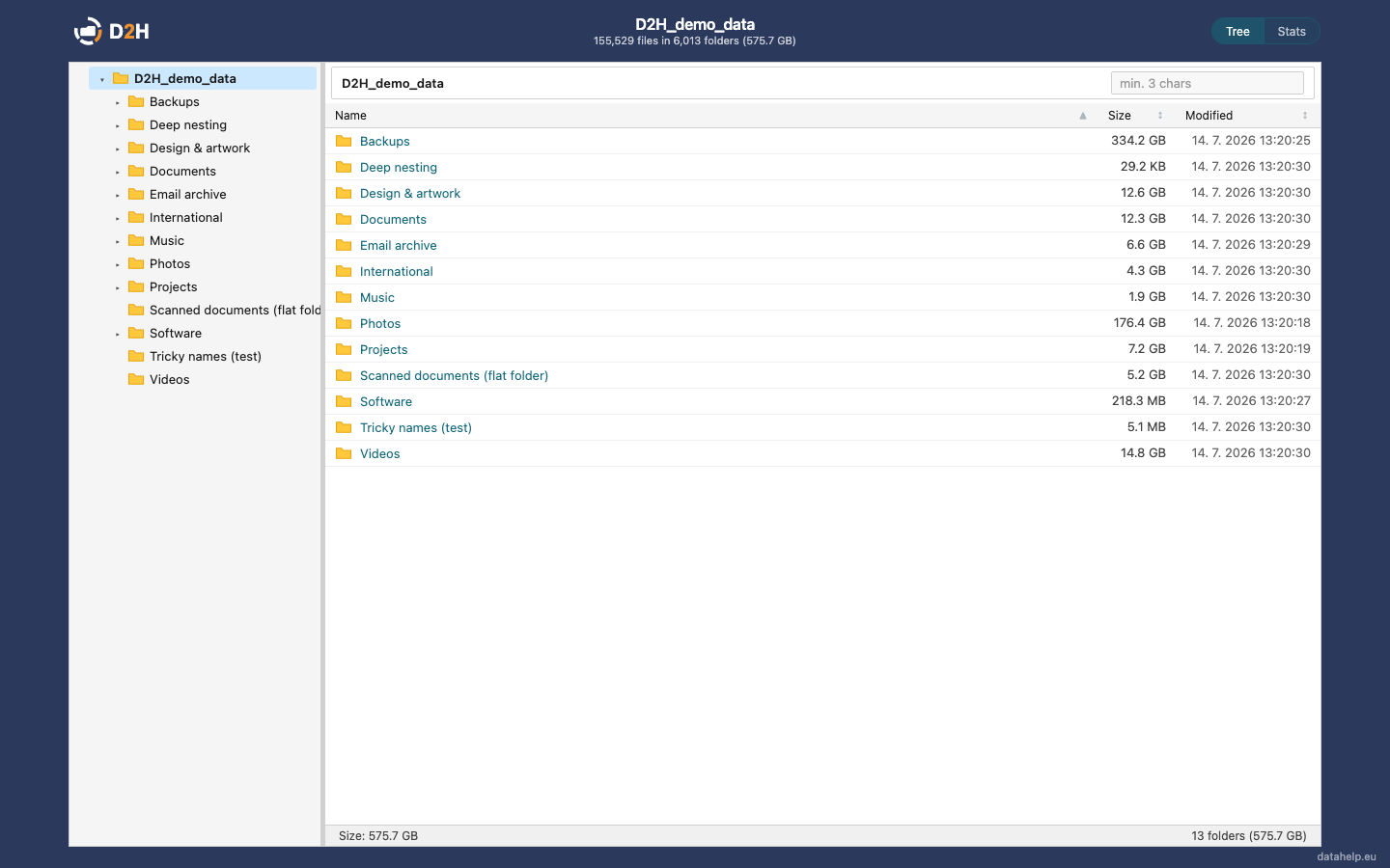D2H catalog in a desktop browser: folder tree on the left, file table on the right
